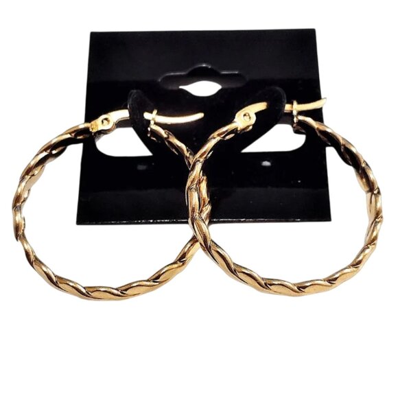 1 1/8 Inch 31mm Braided Hoop Pierced Post Earrings Gold Tone 3mm Wide Band - Picture 3 of 6